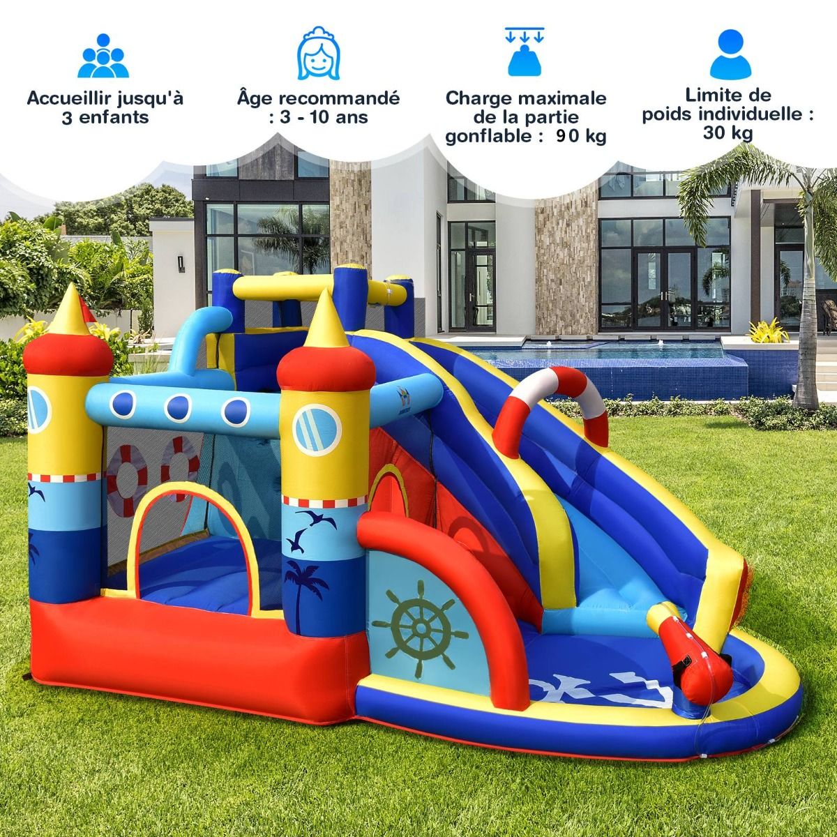 Boat Style Inflatable Castle with Curved Slide Jump Zone Climbing Wall Inflator Not Included -