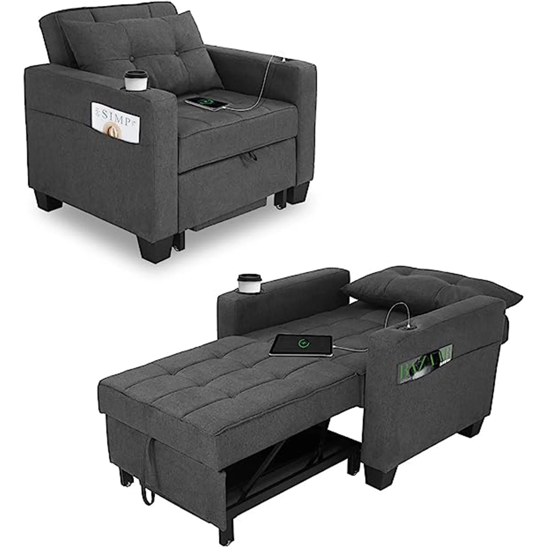 DURASPACE 3 in 1 Convertible Sleeper Chair Bed with Usb Port, Linen Pull Out Chair Indoor, Dark Gray - Product image 1