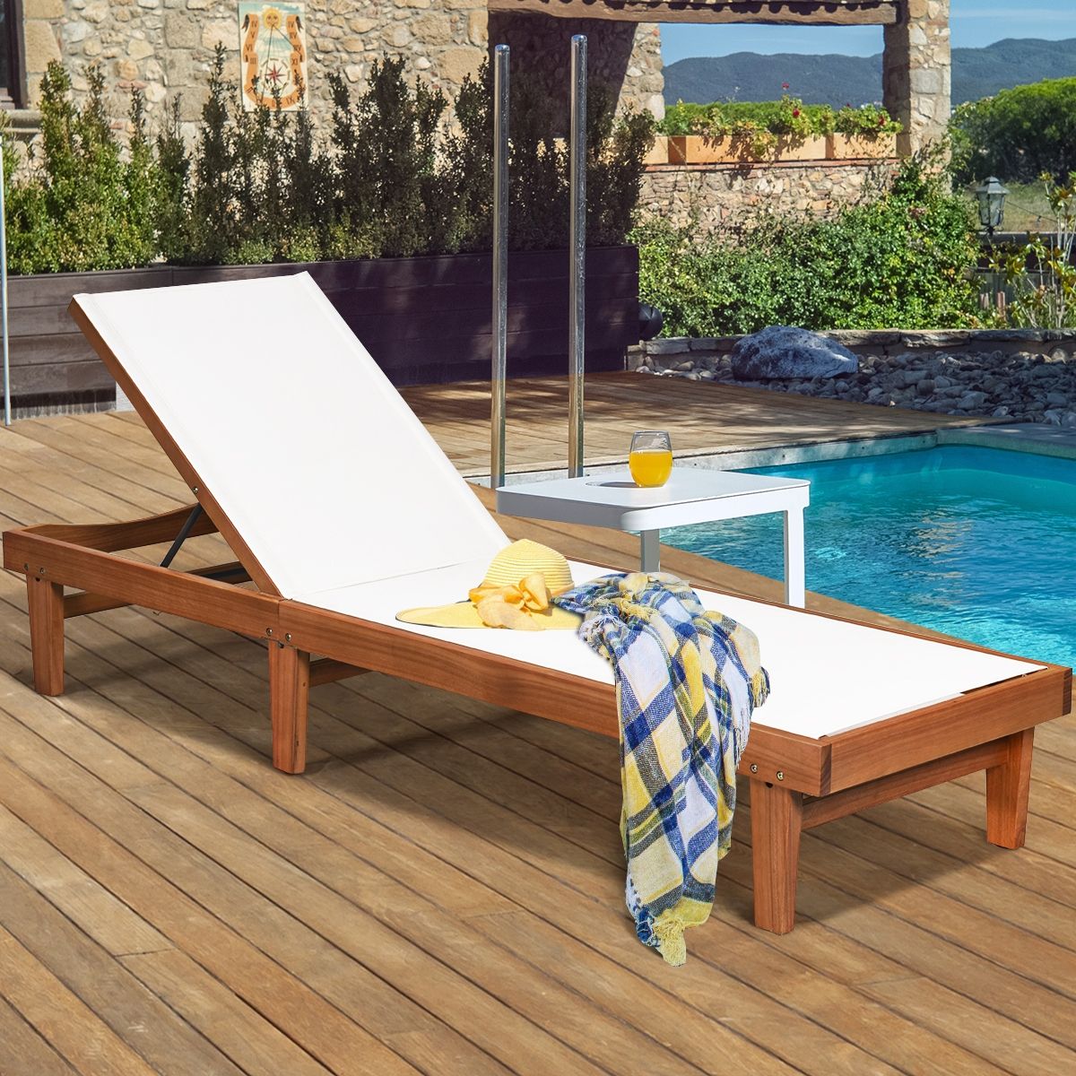 Garden Deck Chair Reclining Backrest in Eucalyptus Wood Breathable Fabric for Patio Veranda Swimming Pool Load 180KG -