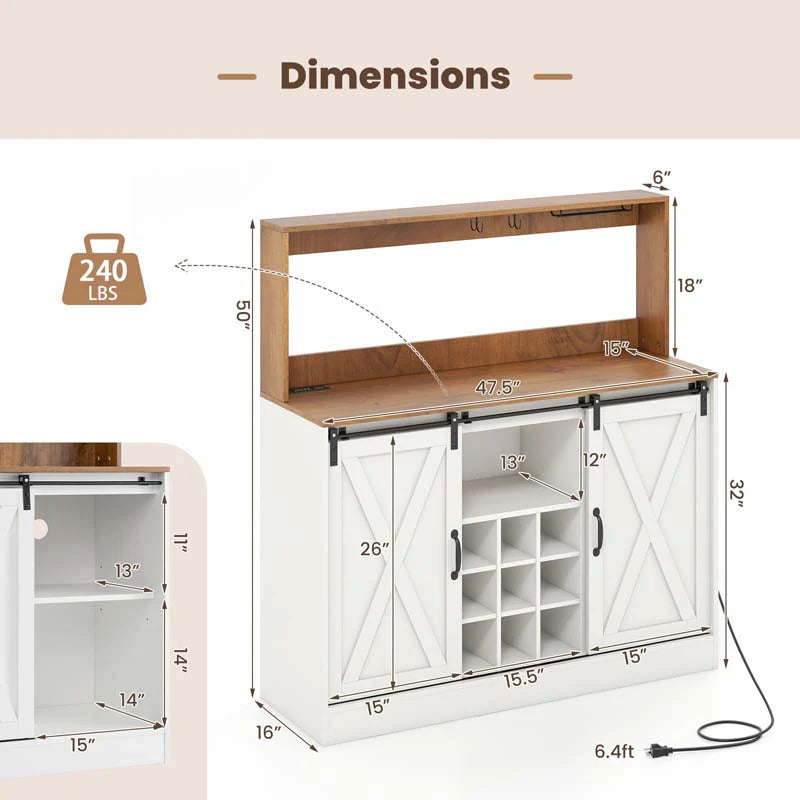 Farmhouse Coffee Bar Cabinet with Charging Station, 2 Sliding Barn Doors, 9-Bottle Wine Rack & Glass Holder - Product image 9