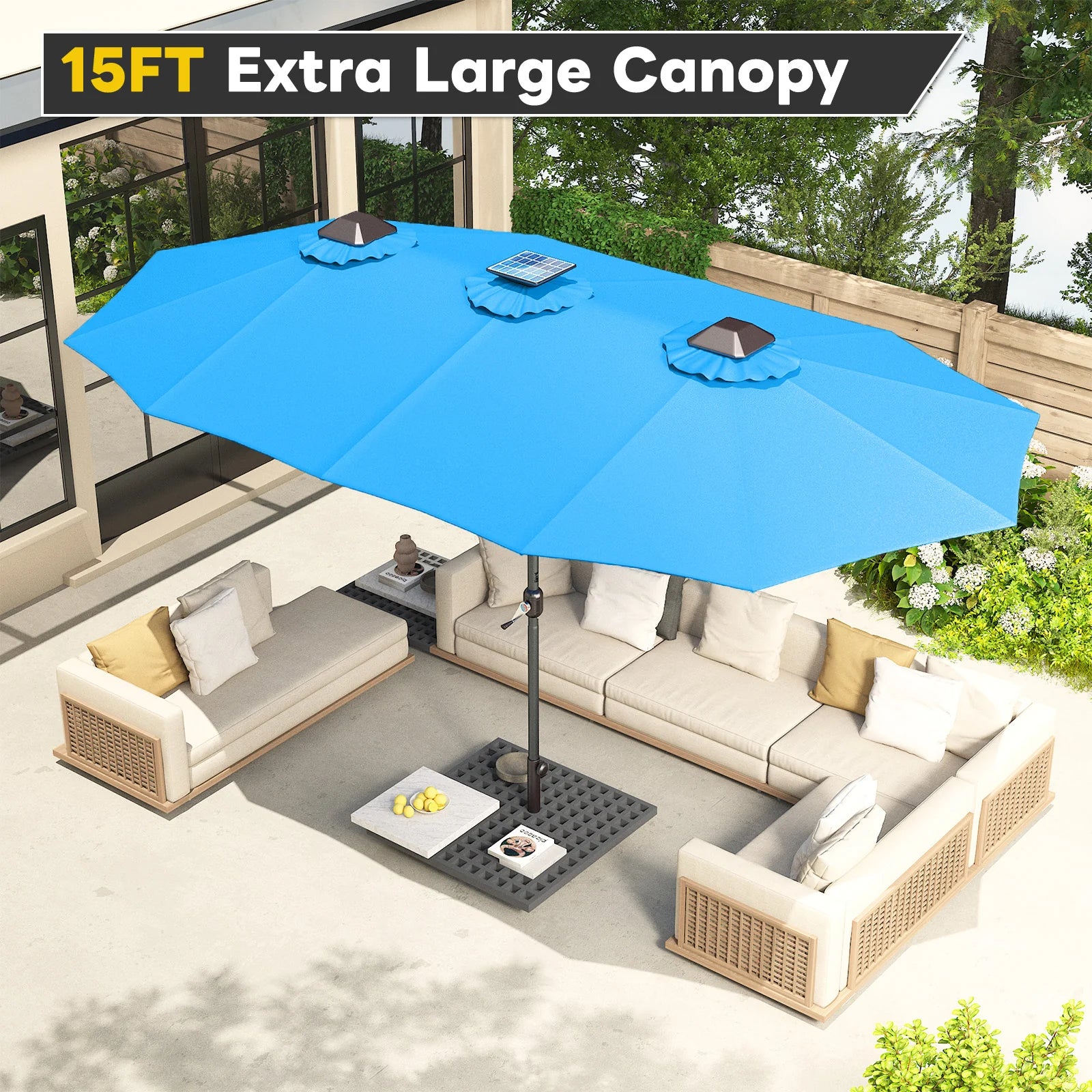 AECOJOY 15ft Patio Double-Sided Umbrella, 156 PCS Solar LED Light Outdoor Large Umbrella, Sky Blue - Product image 8
