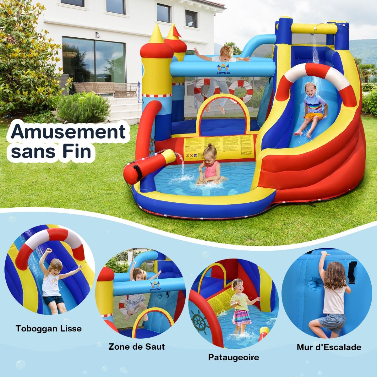 Boat Style Inflatable Castle with Curved Slide Jump Zone Climbing Wall Inflator Not Included -