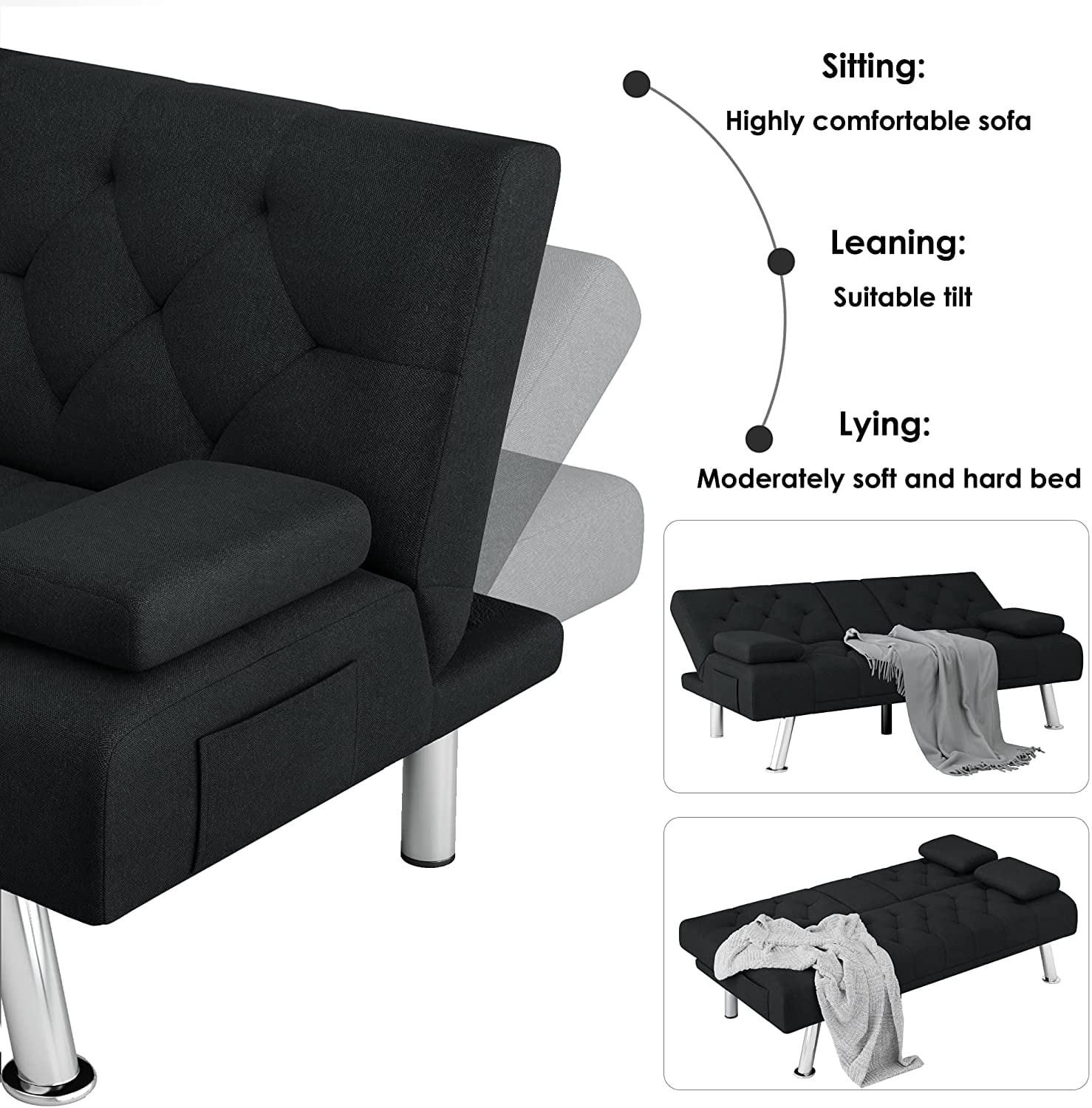 Homfa 66.3'' Upholstered Sofa Bed Couch, Convertible Futon Folding Sleeper Sofa with Removable Armrests and - Product image 5