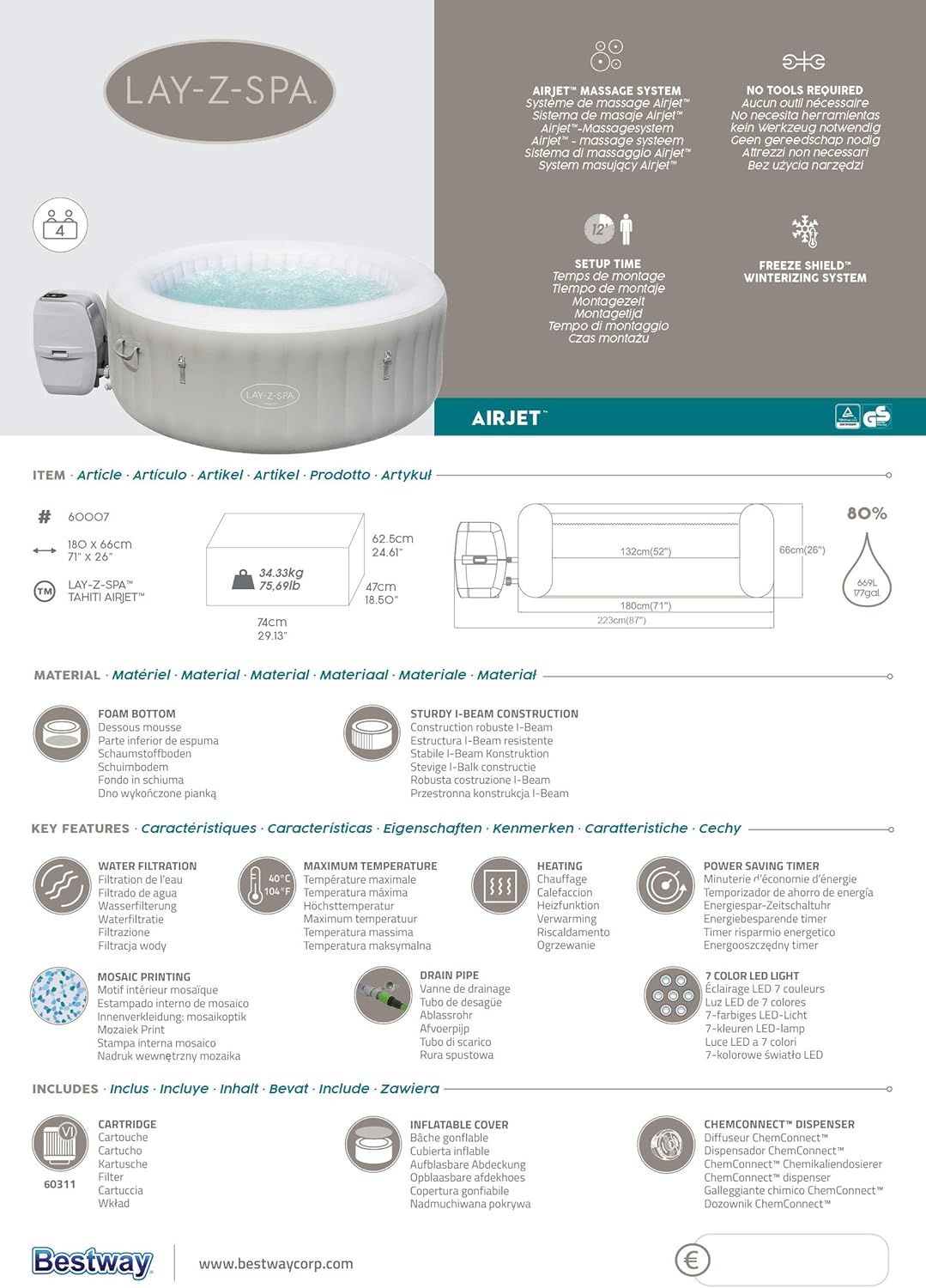 Lay-Z-Spa® Miami Airjet2 round inflatable spa - 4 people