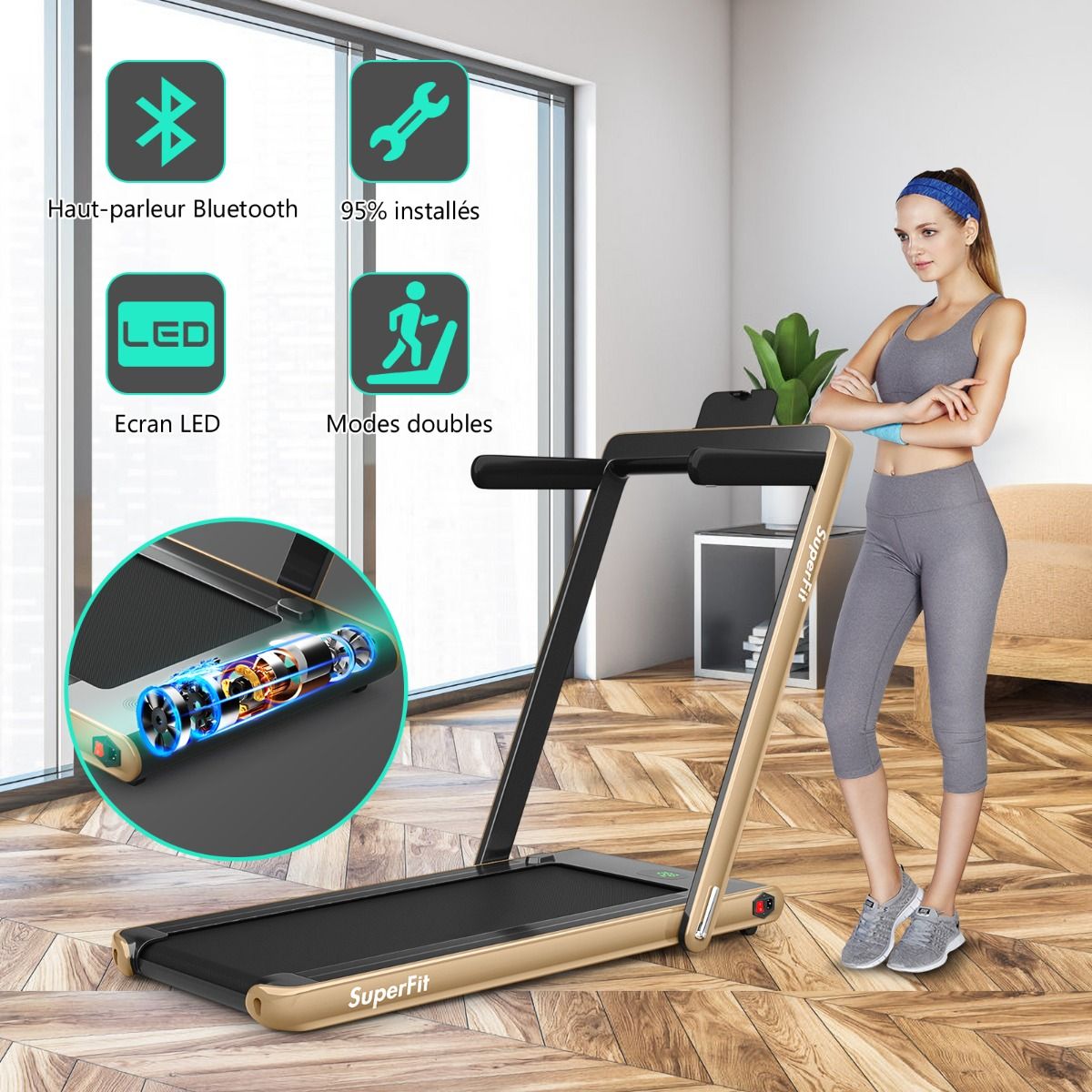 2 in 1 Foldable Electric Treadmill 1 to 12 Km/H with Bluetooth Speaker Remote Control 0.75HP Motor Green/White/Black/Red/Gold/Black and Silver/Blue -