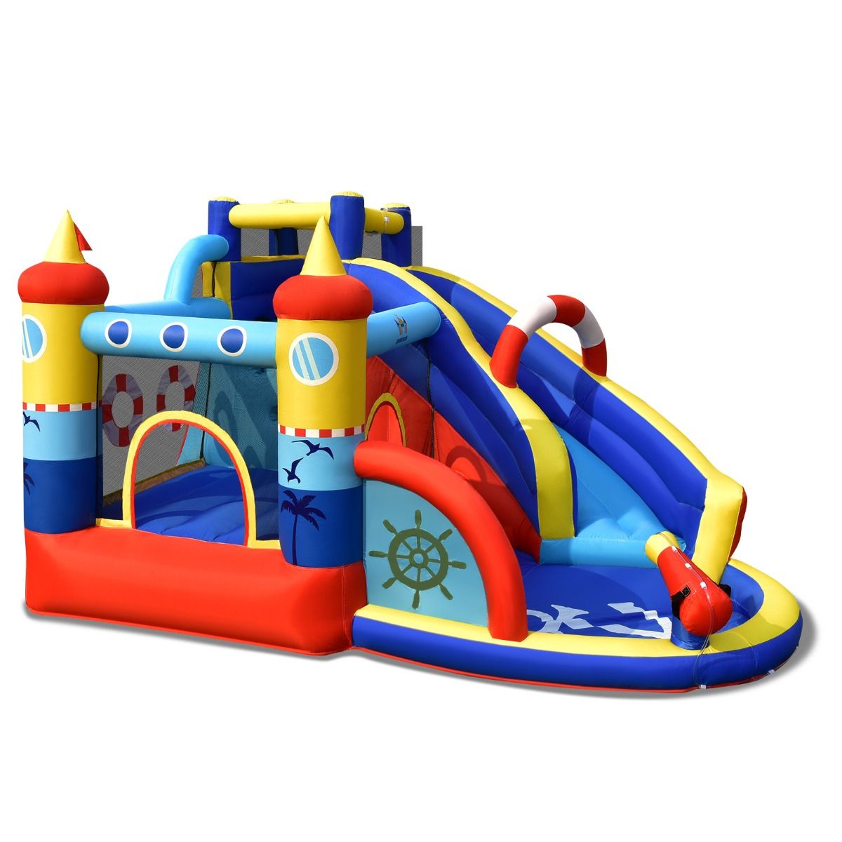 Boat Style Inflatable Castle with Curved Slide Jump Zone Climbing Wall Inflator Not Included -