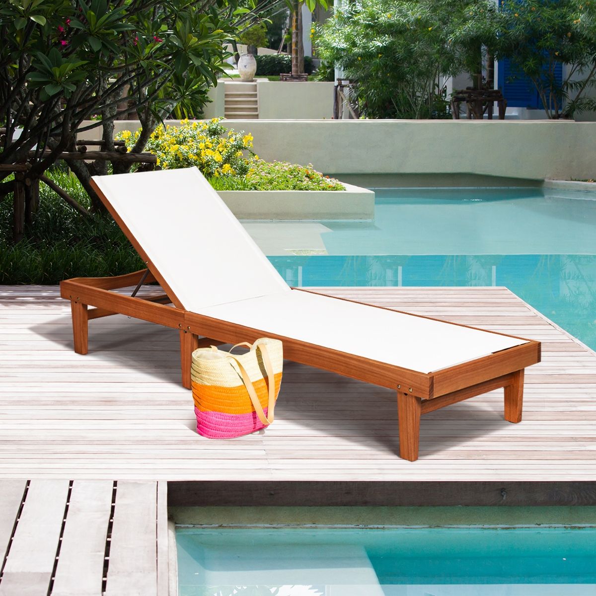 Garden Deck Chair Reclining Backrest in Eucalyptus Wood Breathable Fabric for Patio Veranda Swimming Pool Load 180KG -