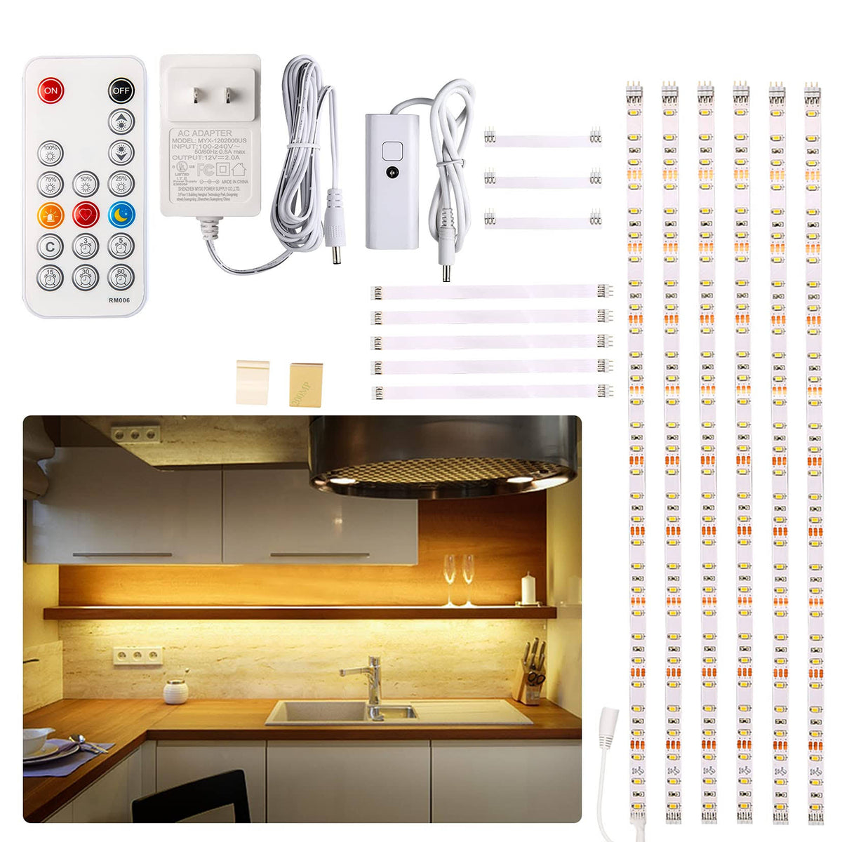 WOBANE Under Cabinet LED Lighting Kit, 6 Pcs LED Strip Lights with Remote Control Dimmer and Adapter - Product image 1