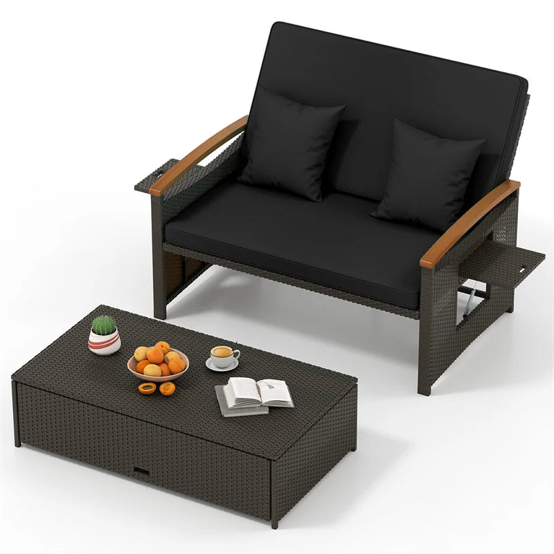 Patio Rattan Daybed with Adjustable Backrest, 2-Person Outdoor Wicker Loveseat with Storage Ottoman - Product image 35