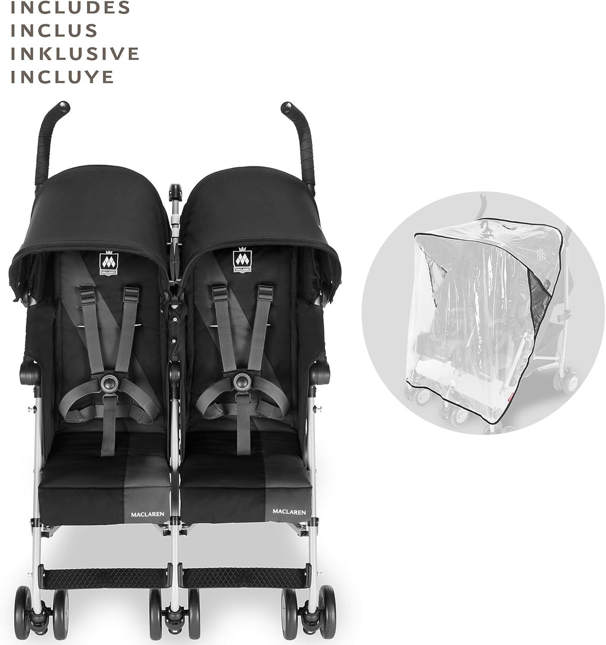 Maclaren Twin Triumph double stroller (6 months, up to 15 kg, one child per seat), lightweight and compact, UPF 50+ extendable hood with rain cover - Black/Anthracite
