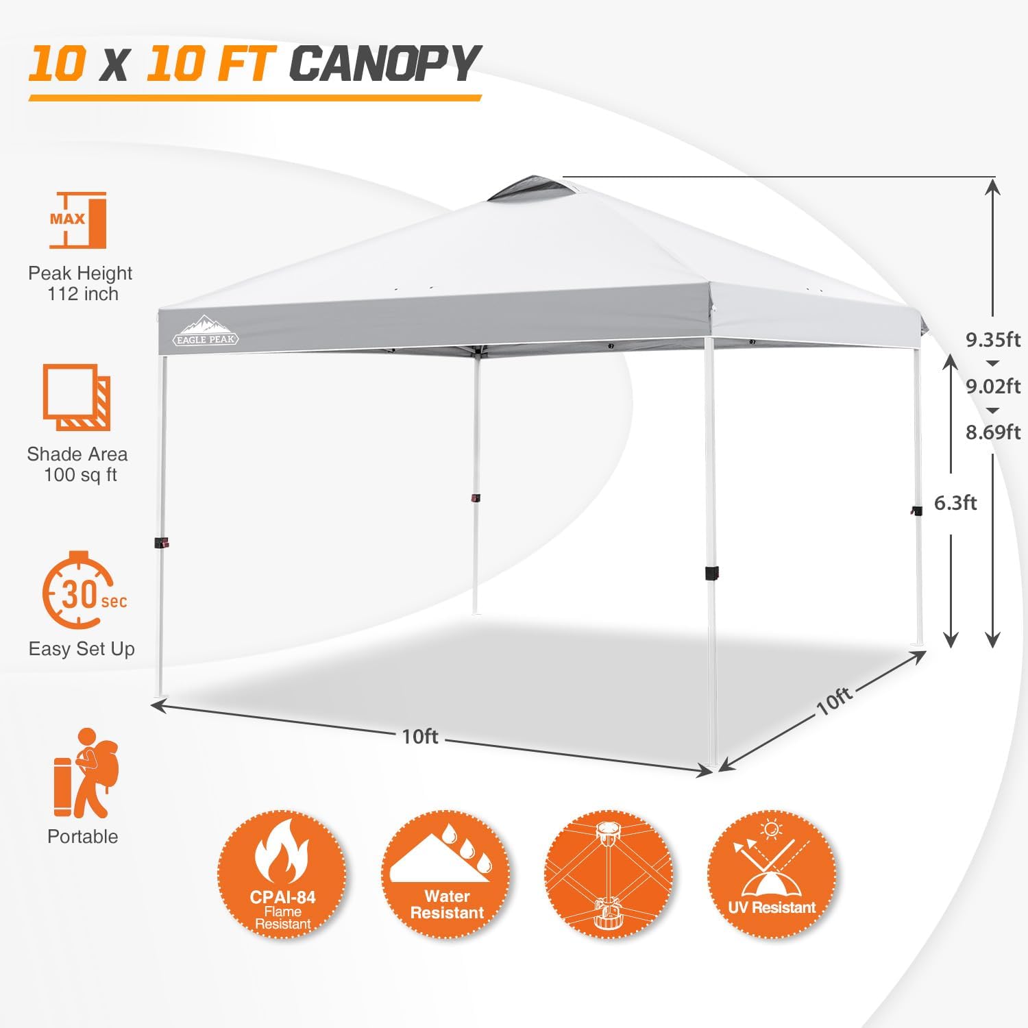 EAGLE PEAK Pop-up Foldable Garden Gazebo 3x3m, Folding Tent with Straight Legs Adjustable Height Awning for Camping Beach Festival with Wheeled Bag (White)