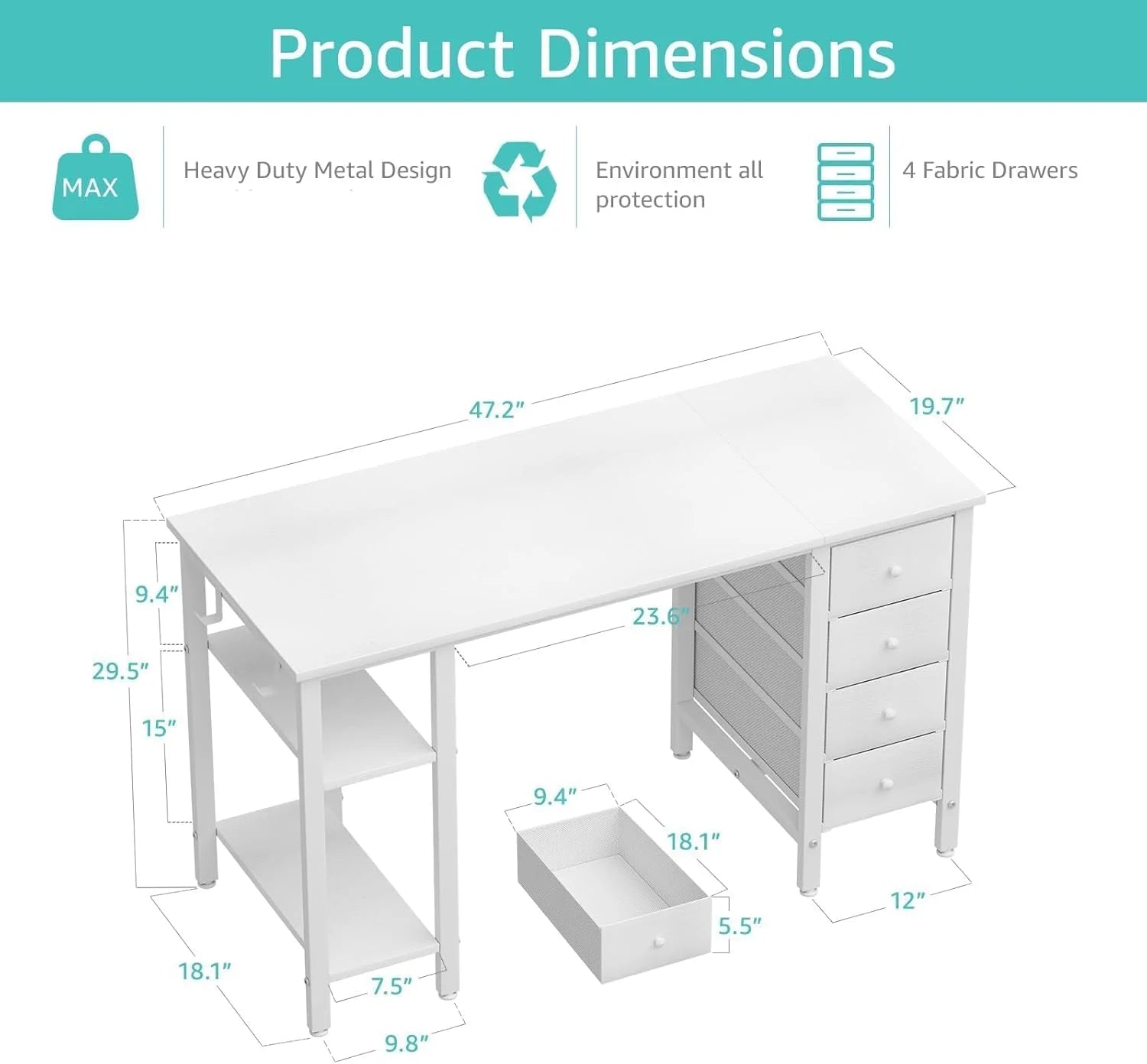 Lufeiya White Desk with Drawers & Storage Shelves, 47 in Study Work Writing Desk for Home Office Bedroom, Simple Modern Cute PC Computer Desks Table, White