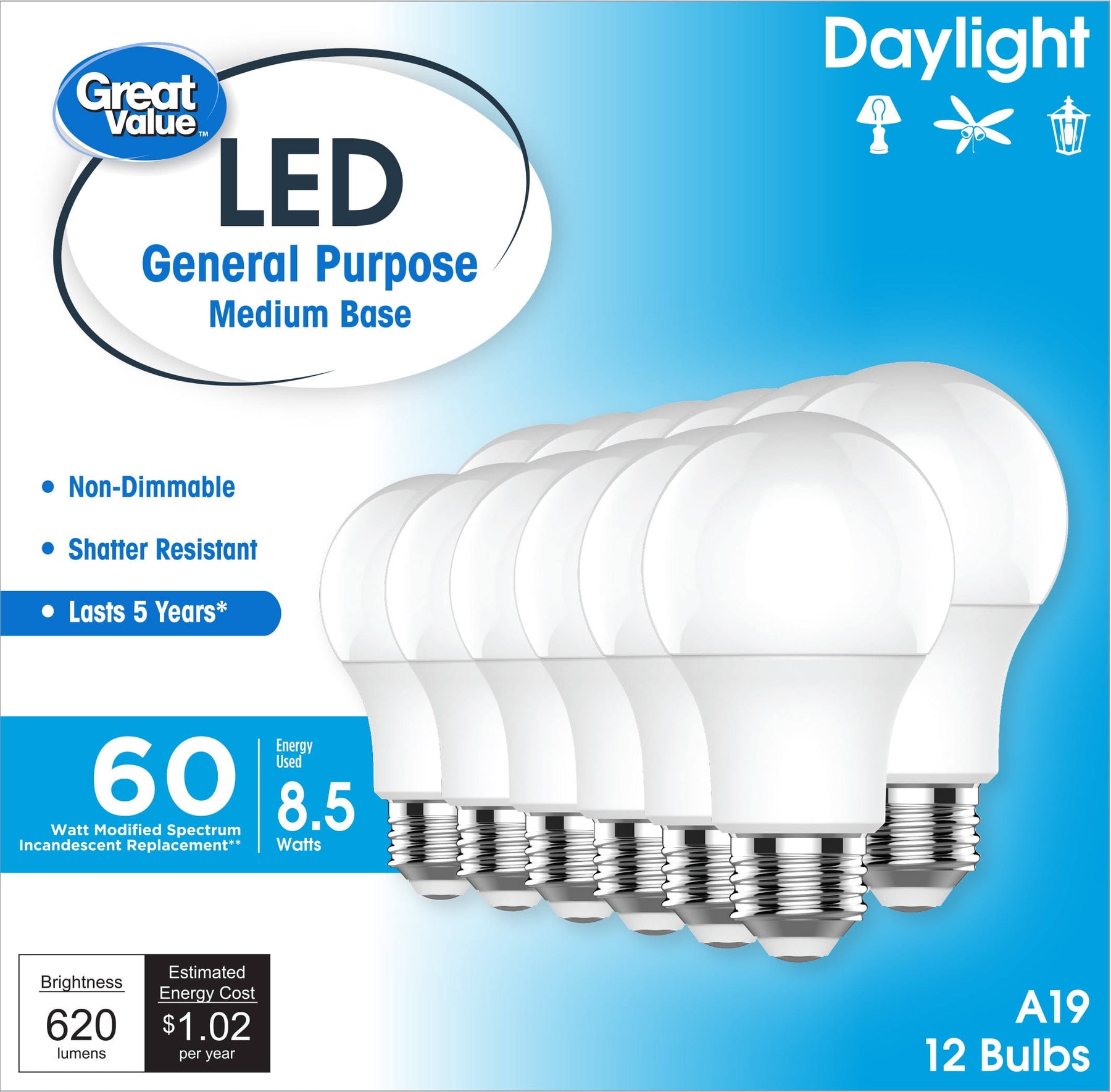 Great Value LED Light Bulbs, 60 Watts Eqv, Daylight, A19 General Purpose Light Bulbs, 5YR, 12pk - Product image 1