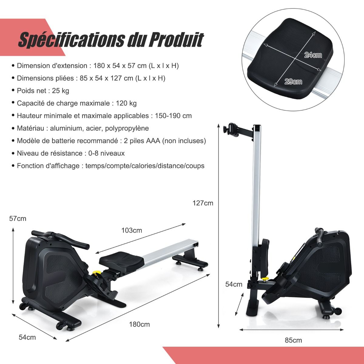 Magnetic Rowing Machine 8-Level Resistance Foldable 2 Flexible Wheels Aluminum Sliding Rail LCD Screen Device Support -