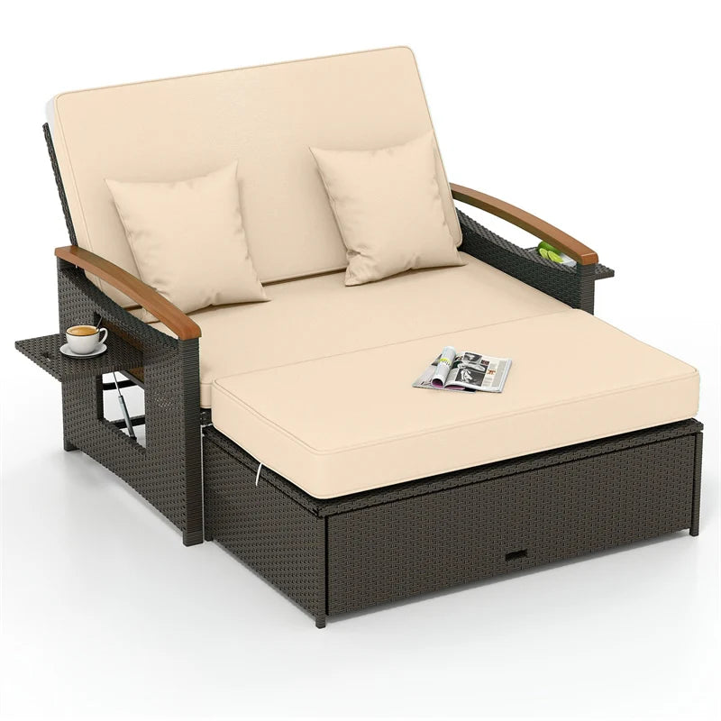 Patio Rattan Daybed with Adjustable Backrest, 2-Person Outdoor Wicker Loveseat with Storage Ottoman - Product image 2