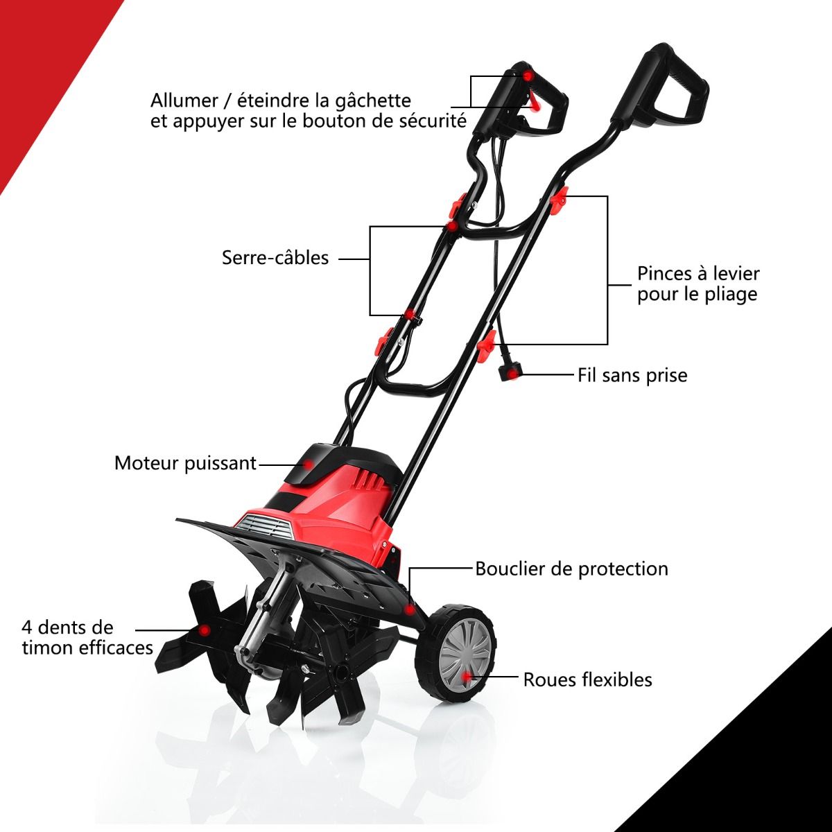 Electric Tiller 1200W Working Depth 22CM Width 35CM with Foldable Handle Adjustable Wheels 4 Blades -