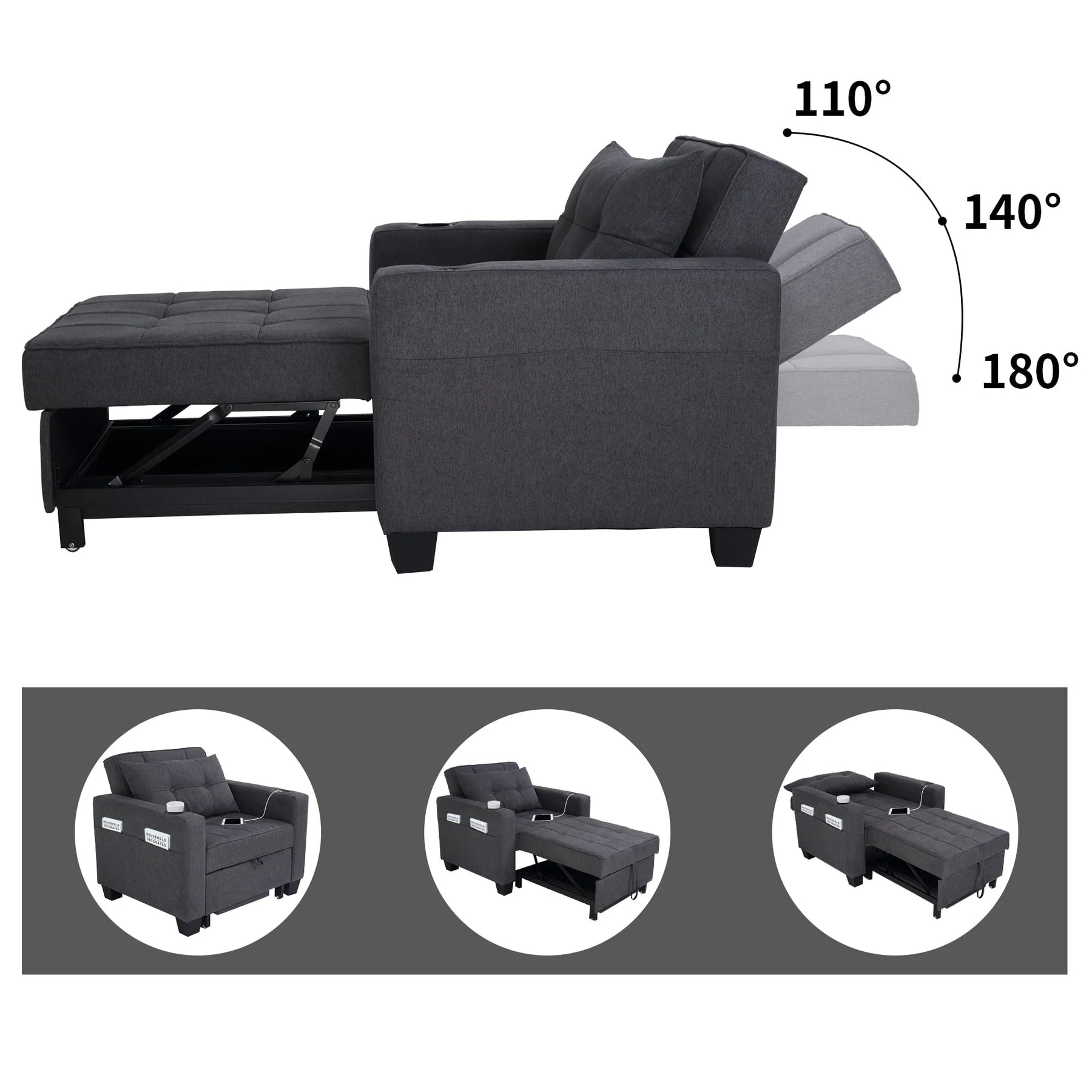 DURASPACE 3 in 1 Convertible Sleeper Chair Bed with Usb Port, Linen Pull Out Chair Indoor, Dark Gray - Product image 5