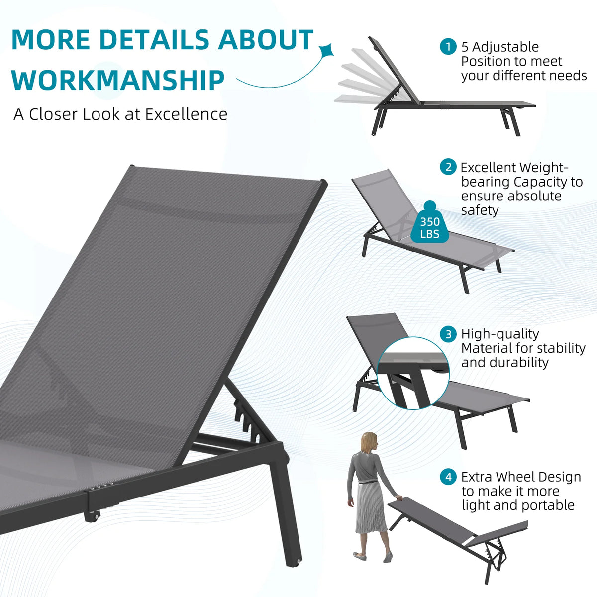 AECOJOY Patio Lounge Chairs, Outdoor Chaise Lounge with Wheels, Dark Grey - Product image 6