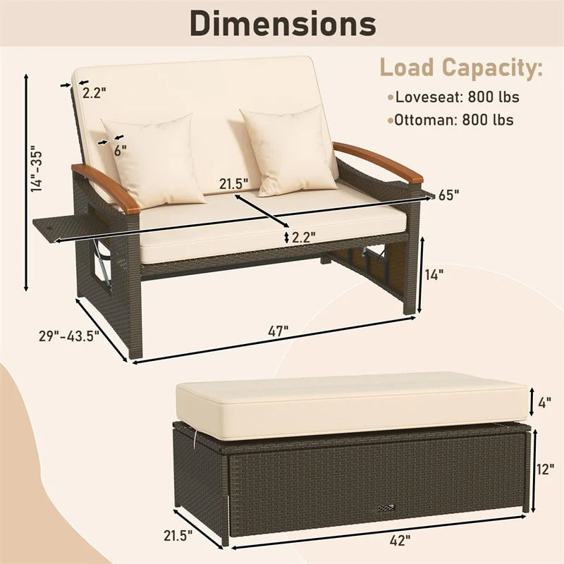 Patio Rattan Daybed with Adjustable Backrest, 2-Person Outdoor Wicker Loveseat with Storage Ottoman - Product image 6