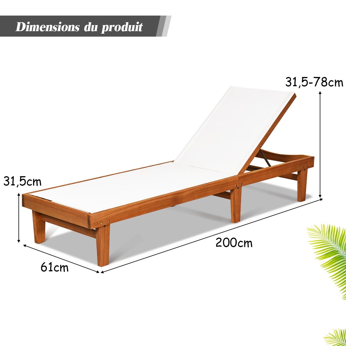 Garden Deck Chair Reclining Backrest in Eucalyptus Wood Breathable Fabric for Patio Veranda Swimming Pool Load 180KG -