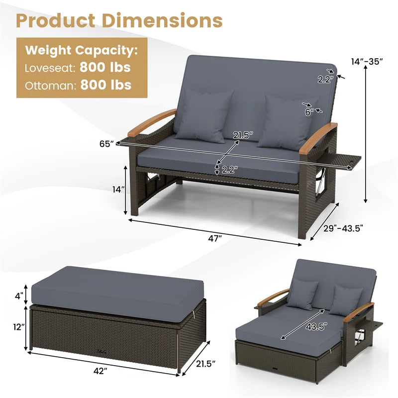 Patio Rattan Daybed with Adjustable Backrest, 2-Person Outdoor Wicker Loveseat with Storage Ottoman - Product image 18