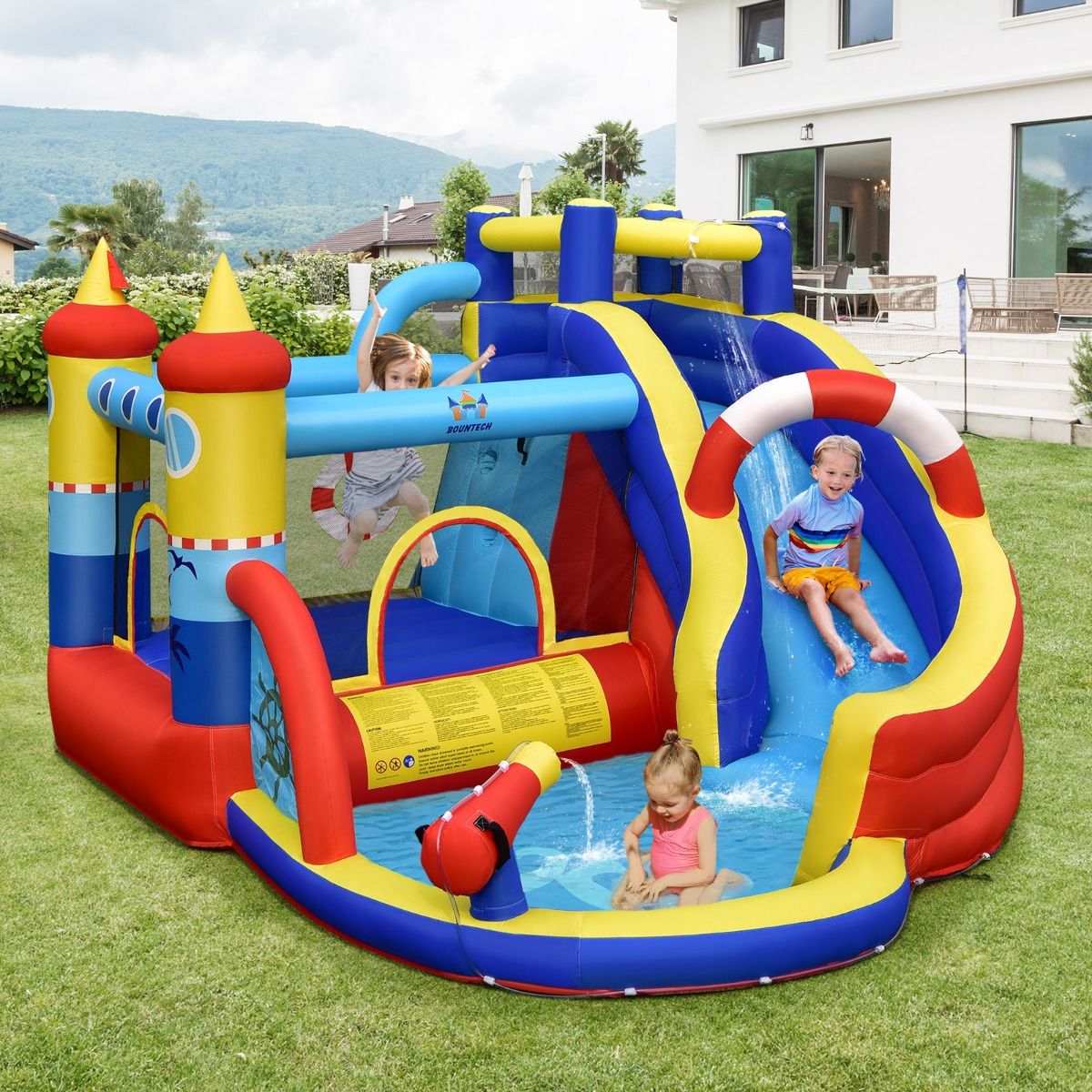 Boat Style Inflatable Castle with Curved Slide Jump Zone Climbing Wall Inflator Not Included -
