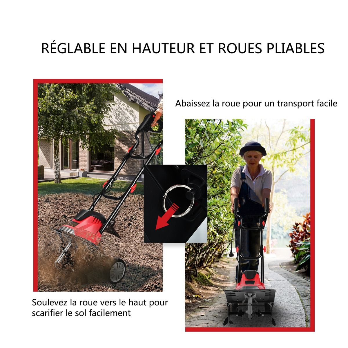 Electric Tiller 1200W Working Depth 22CM Width 35CM with Foldable Handle Adjustable Wheels 4 Blades -