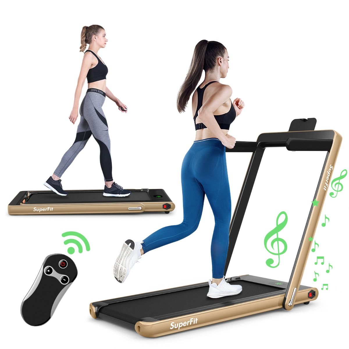 2 in 1 Foldable Electric Treadmill 1 to 12 Km/H with Bluetooth Speaker Remote Control 0.75HP Motor Green/White/Black/Red/Gold/Black and Silver/Blue -