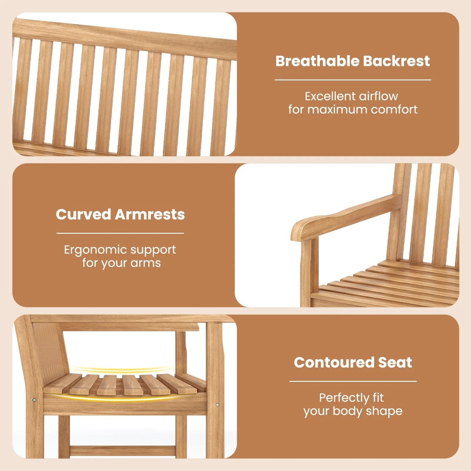 Tangkula 51" Teak Wood Outdoor Bench 2-Person Solid Wood Garden Patio Bench - Product image 7