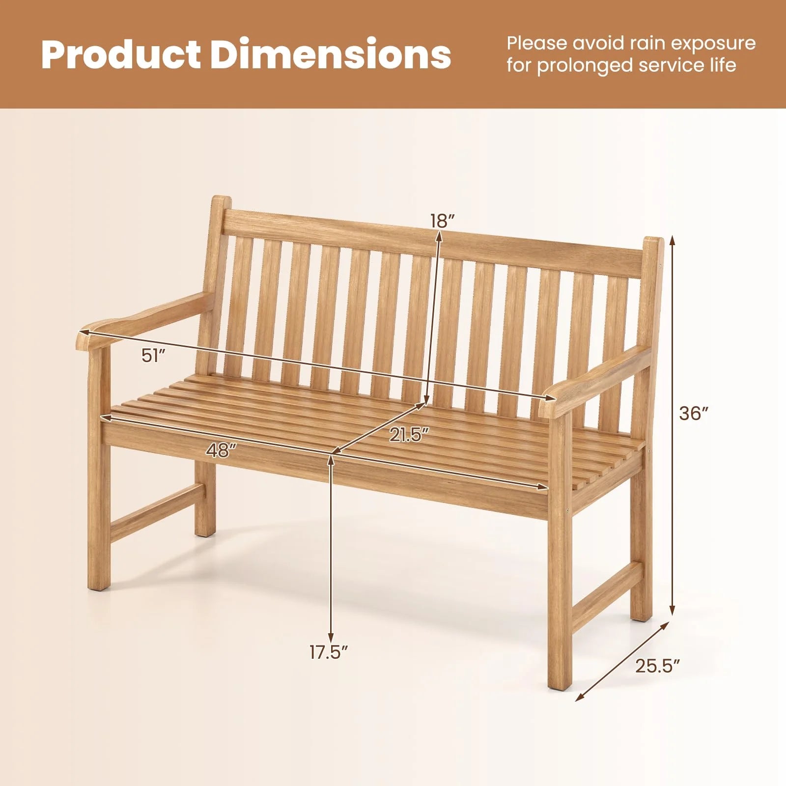 Tangkula 51" Teak Wood Outdoor Bench 2-Person Solid Wood Garden Patio Bench - Product image 3