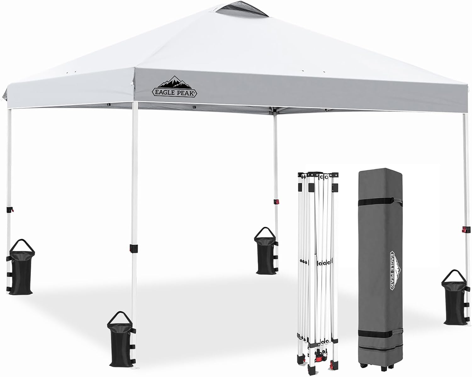 EAGLE PEAK Pop-up Foldable Garden Gazebo 3x3m, Folding Tent with Straight Legs Adjustable Height Awning for Camping Beach Festival with Wheeled Bag (White)