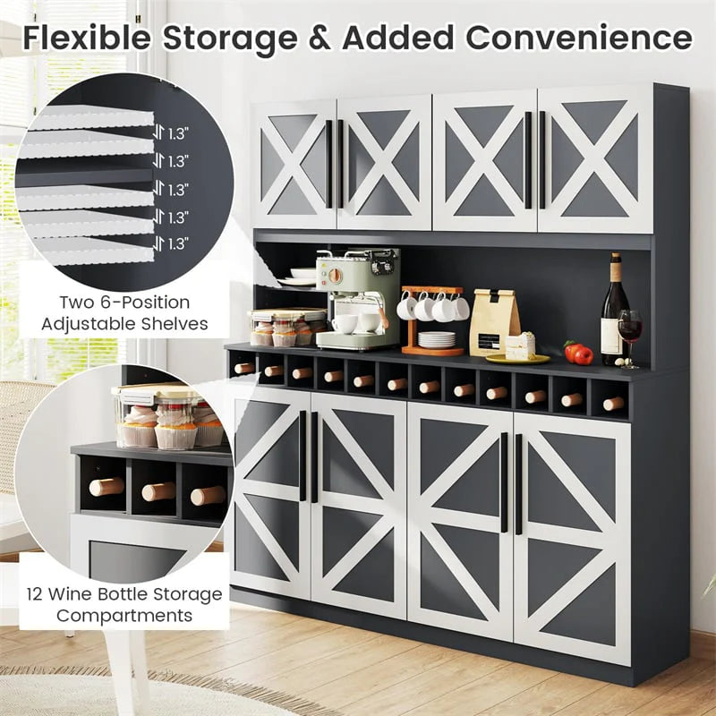 70" Farmhouse Pantry Cabinet, Kitchen Buffet Hutch with 12-Bottle Wine Rack, 8-Door Storage Cupboard - Product image 9