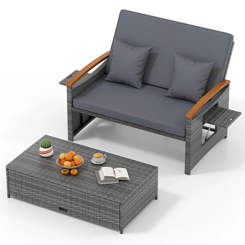 Patio Rattan Daybed with Adjustable Backrest, 2-Person Outdoor Wicker Loveseat with Storage Ottoman - Product image 47