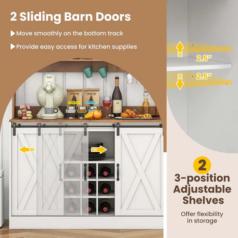 Farmhouse Coffee Bar Cabinet with Charging Station, 2 Sliding Barn Doors, 9-Bottle Wine Rack & Glass Holder - Product image 6