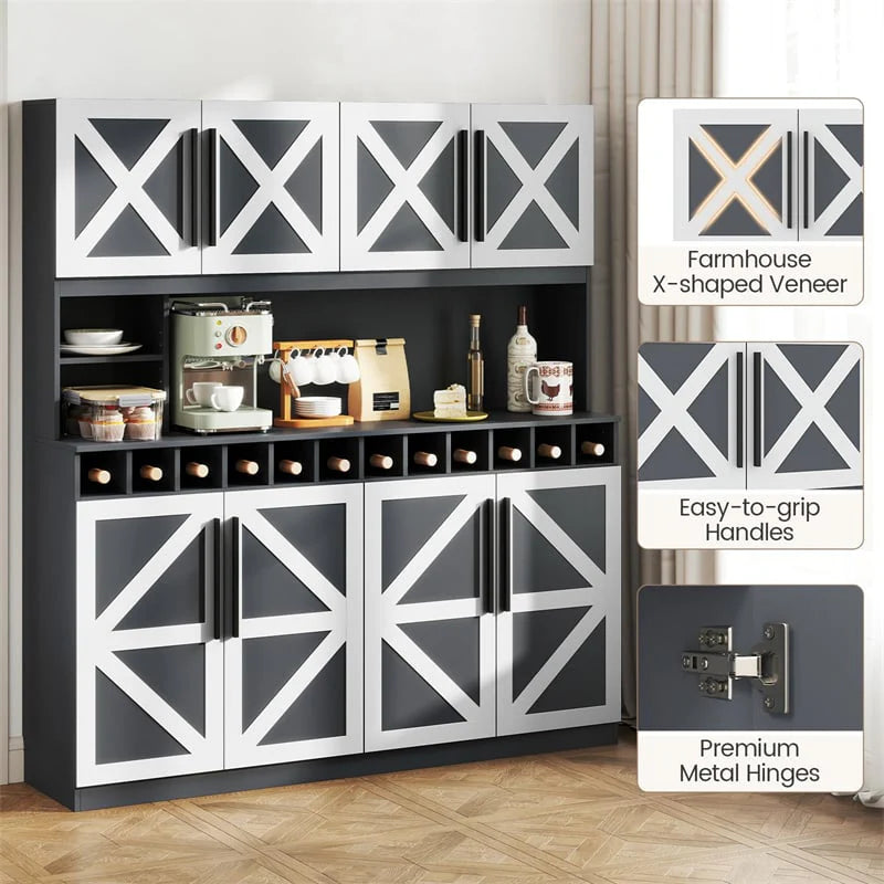 70" Farmhouse Pantry Cabinet, Kitchen Buffet Hutch with 12-Bottle Wine Rack, 8-Door Storage Cupboard - Product image 11