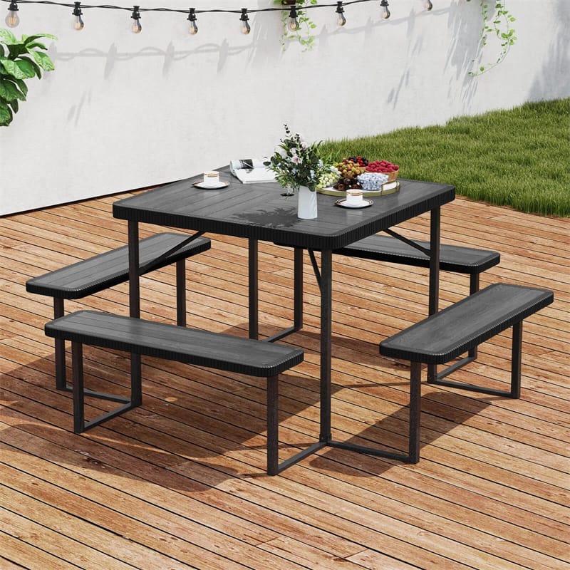 4-8 Person Outdoor Picnic Table Bench Set, All-Weather HDPE Square Dining Table with Umbrella Hole, 4 Benches & Metal Frame for Patio Backyard