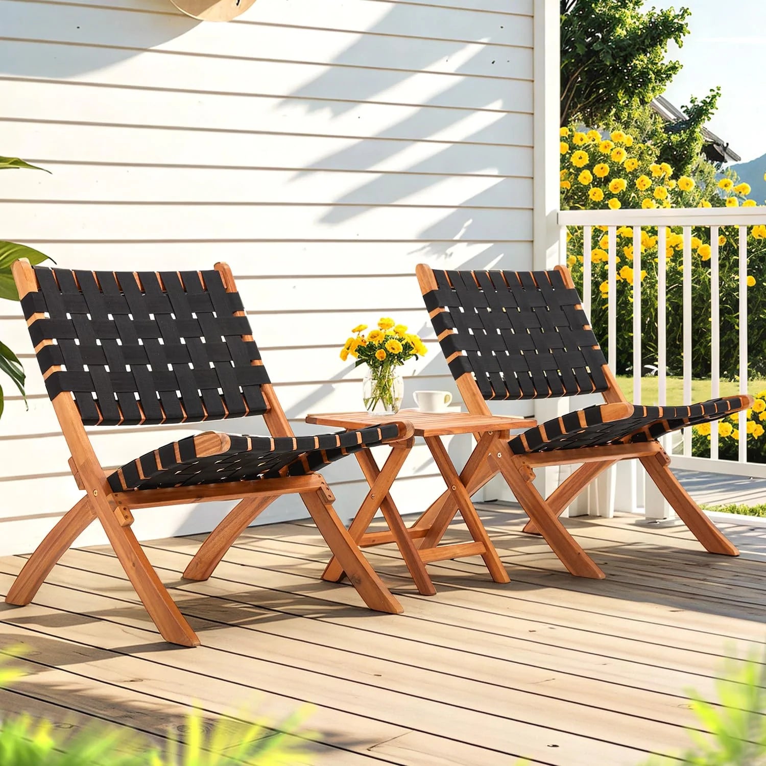 AECOJOY 3 Piece Patio Furniture Set, Acacia Wood Outdoor Bistro Set with Coffee Table & Folding Chairs - Product image 2