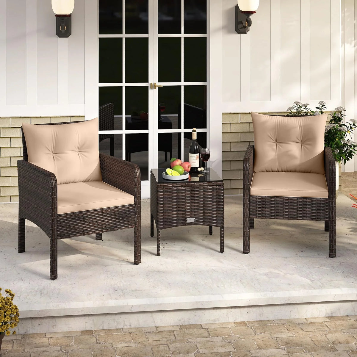 Tangkula 3 Piece Patio Bistro Set Rattan Wicker Outdoor Conversation Set with Cushions and Coffee Table - Product image 2
