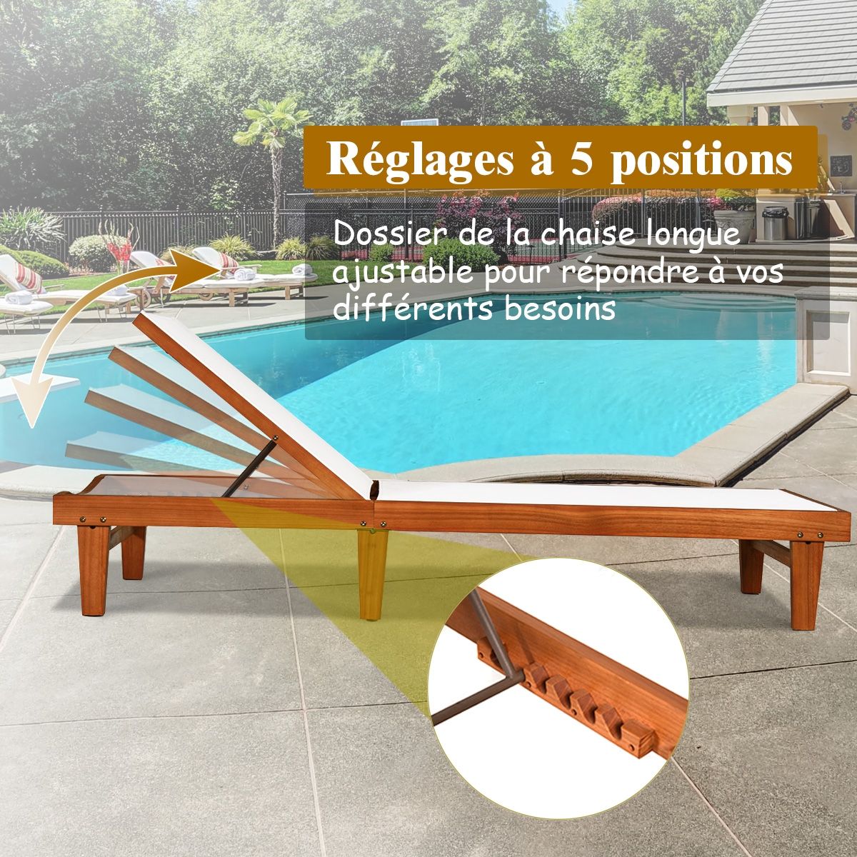 Garden Deck Chair Reclining Backrest in Eucalyptus Wood Breathable Fabric for Patio Veranda Swimming Pool Load 180KG -