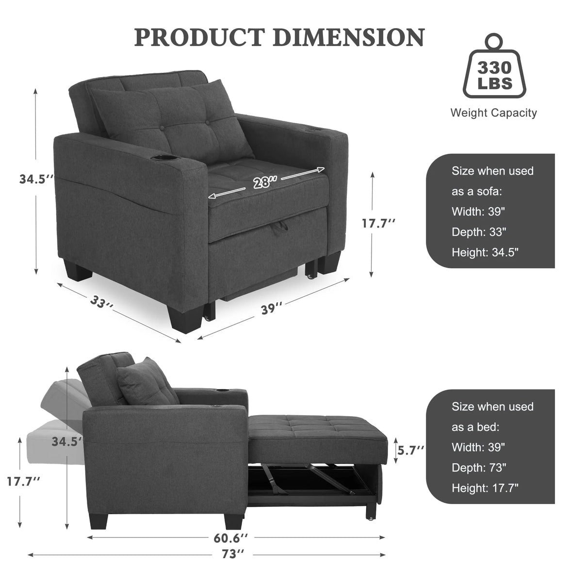 DURASPACE 3 in 1 Convertible Sleeper Chair Bed with Usb Port, Linen Pull Out Chair Indoor, Dark Gray - Product image 8