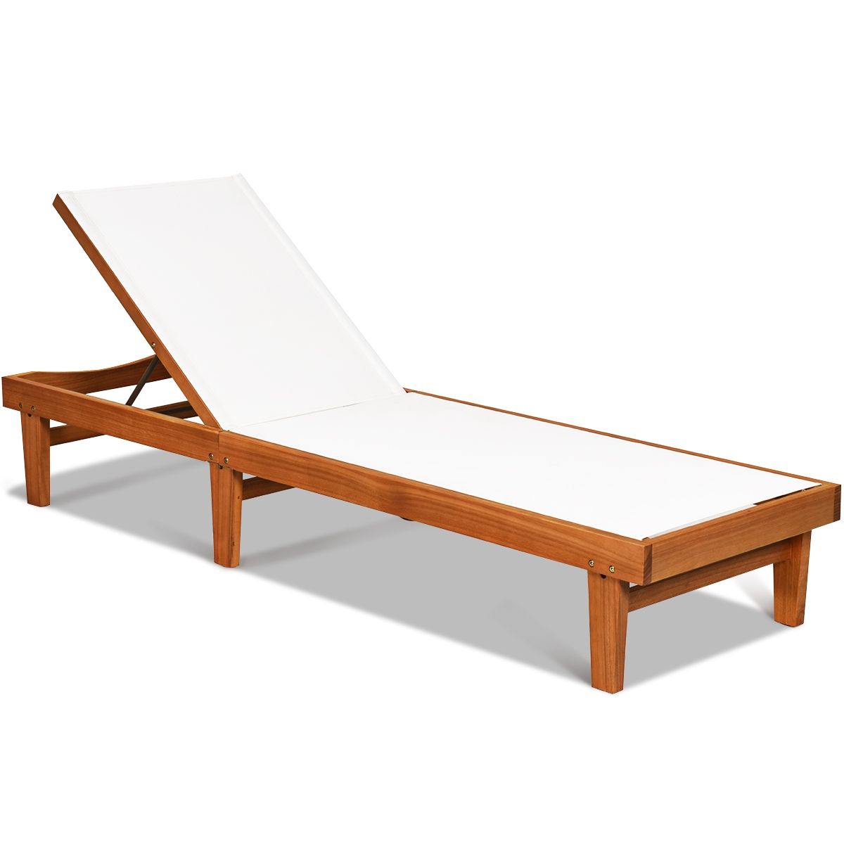 Garden Deck Chair Reclining Backrest in Eucalyptus Wood Breathable Fabric for Patio Veranda Swimming Pool Load 180KG -