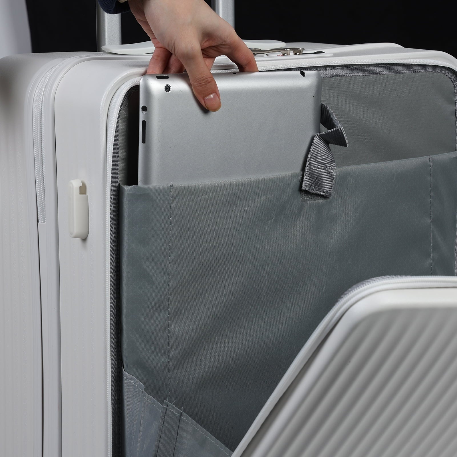 24 in Checked Luggage with Front Pocket, USB Charging Port, Built - in Lock Carry on Suitcase, Cup Holder and Phone Holder, Medium Hardside Suitcase with Spinner Wheels, White