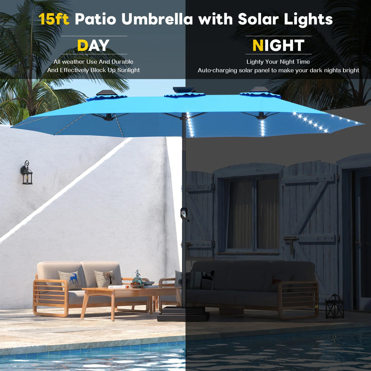 AECOJOY 15ft Patio Double-Sided Umbrella, 156 PCS Solar LED Light Outdoor Large Umbrella, Sky Blue - Product image 6