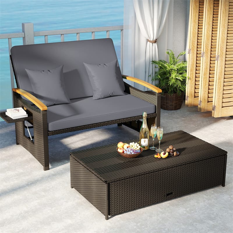 Patio Rattan Daybed with Adjustable Backrest, 2-Person Outdoor Wicker Loveseat with Storage Ottoman - Product image 12