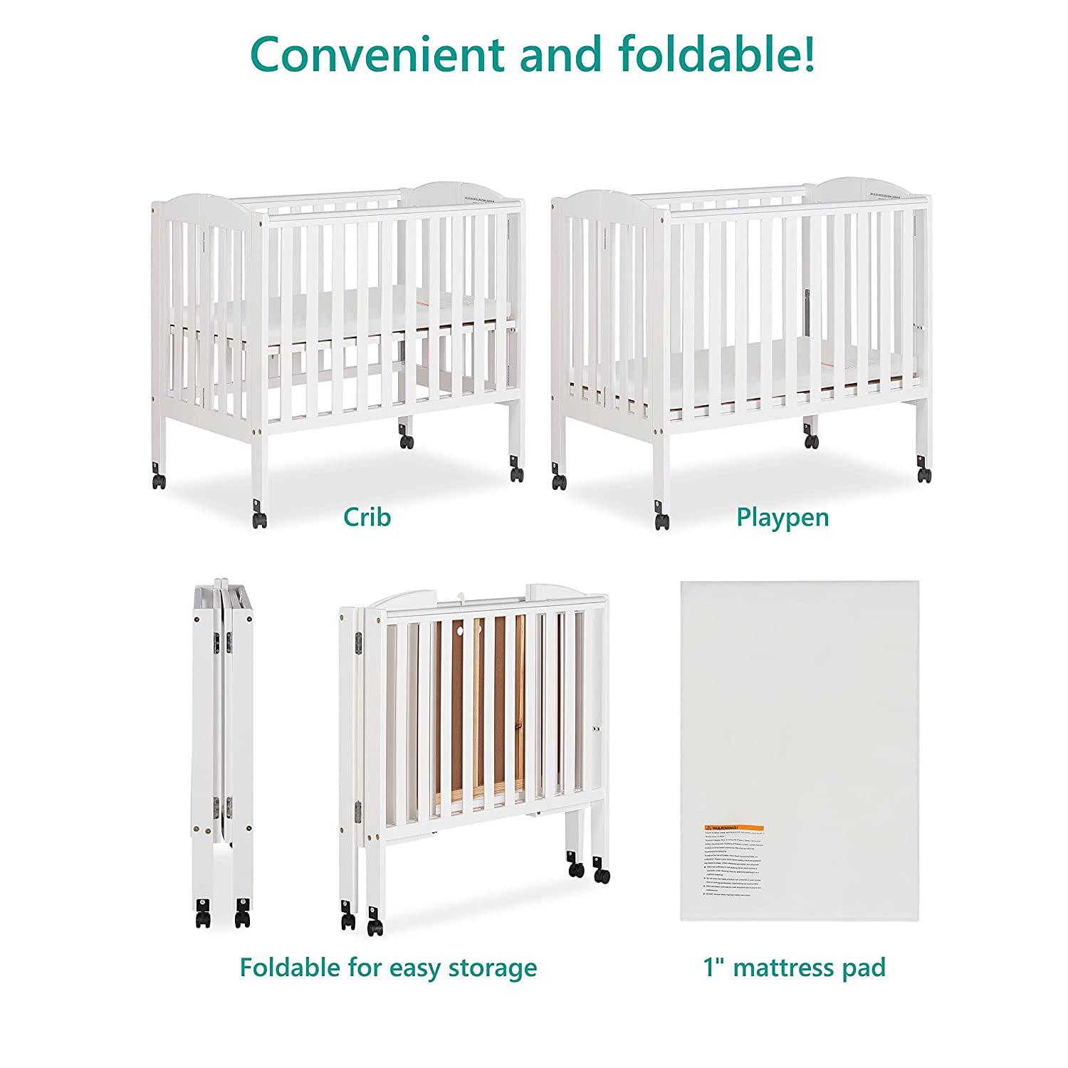 Dream on Me 2 - in - 1 Folding Portable Mini Crib in White. Mattress Pad Included - Product image 6