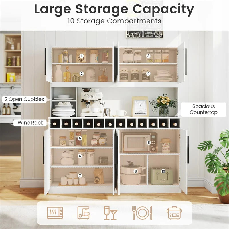 70" Farmhouse Pantry Cabinet, Kitchen Buffet Hutch with 12-Bottle Wine Rack, 8-Door Storage Cupboard - Product image 18