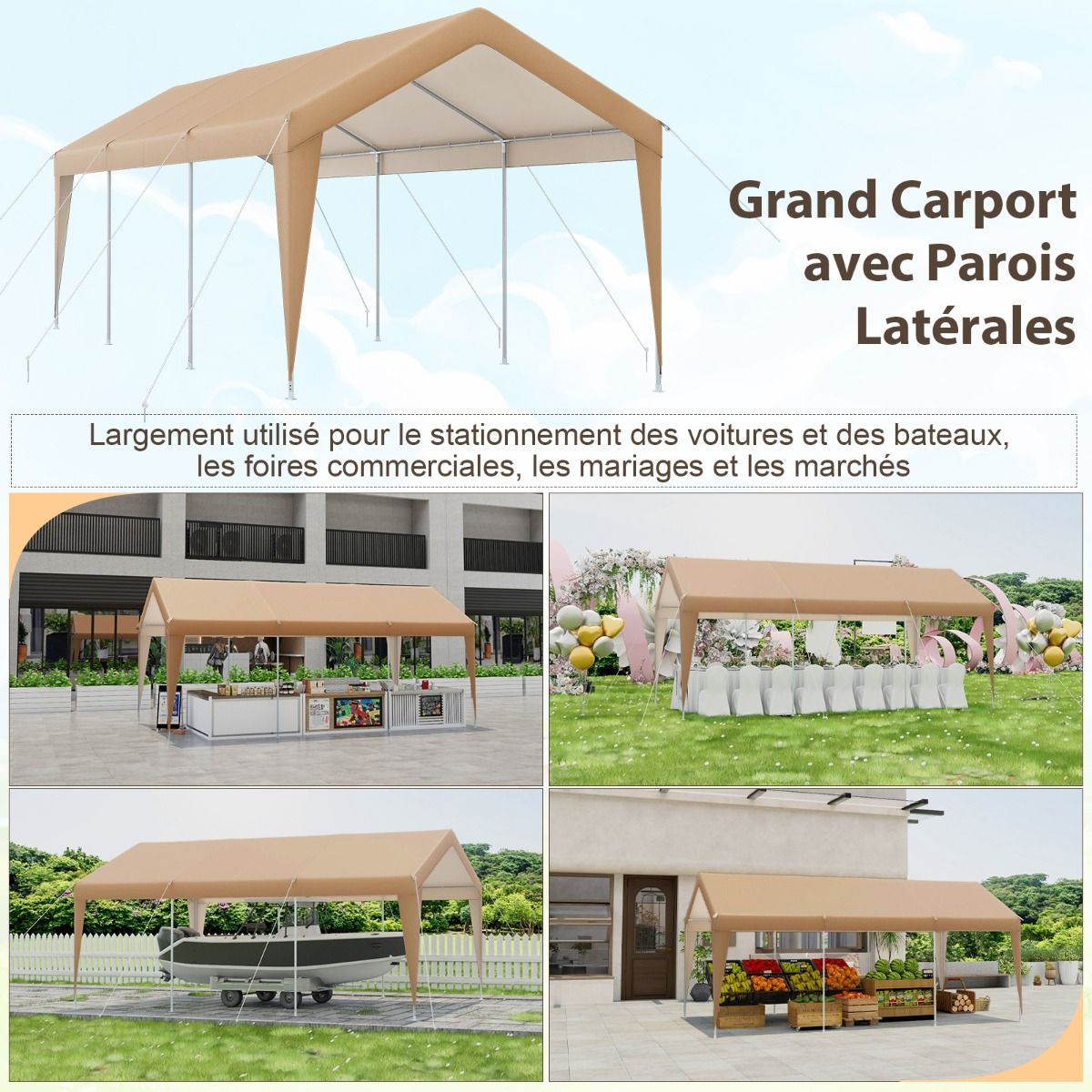 Carport 301 x 600 cm Galvanized Metal Frame Portable Garage Tent with Tarpaulin All Weather Car Tent for Trucks Boats -