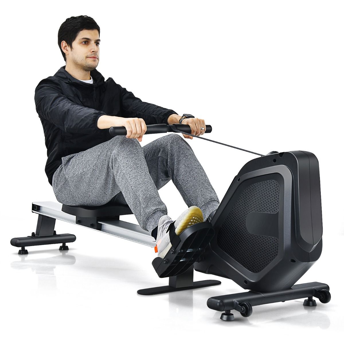 Magnetic Rowing Machine 8-Level Resistance Foldable 2 Flexible Wheels Aluminum Sliding Rail LCD Screen Device Support -