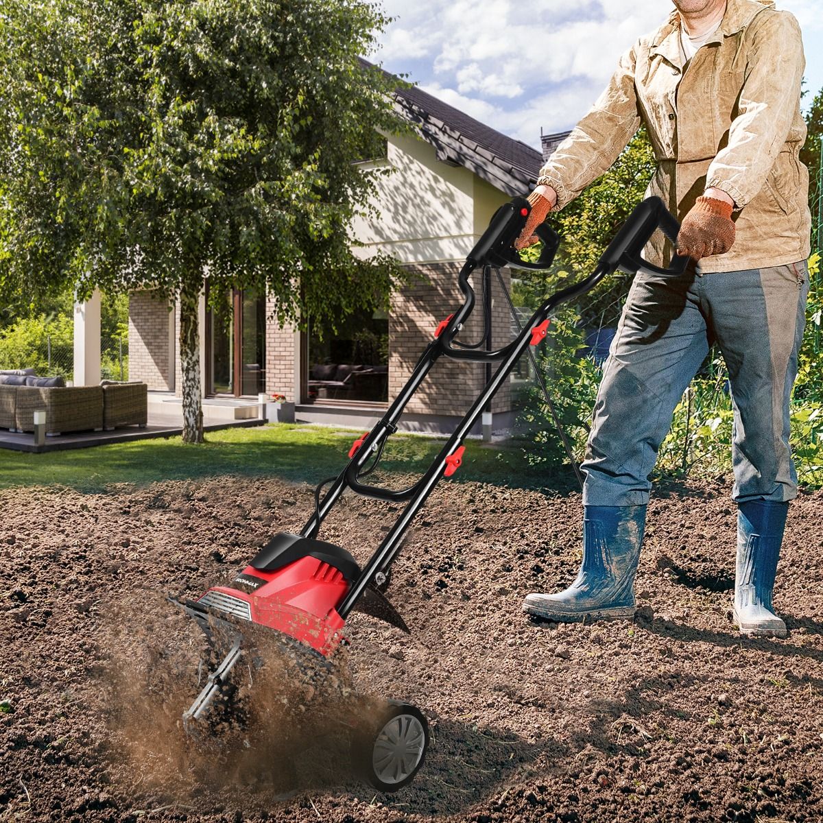 Electric Tiller 1200W Working Depth 22CM Width 35CM with Foldable Handle Adjustable Wheels 4 Blades -