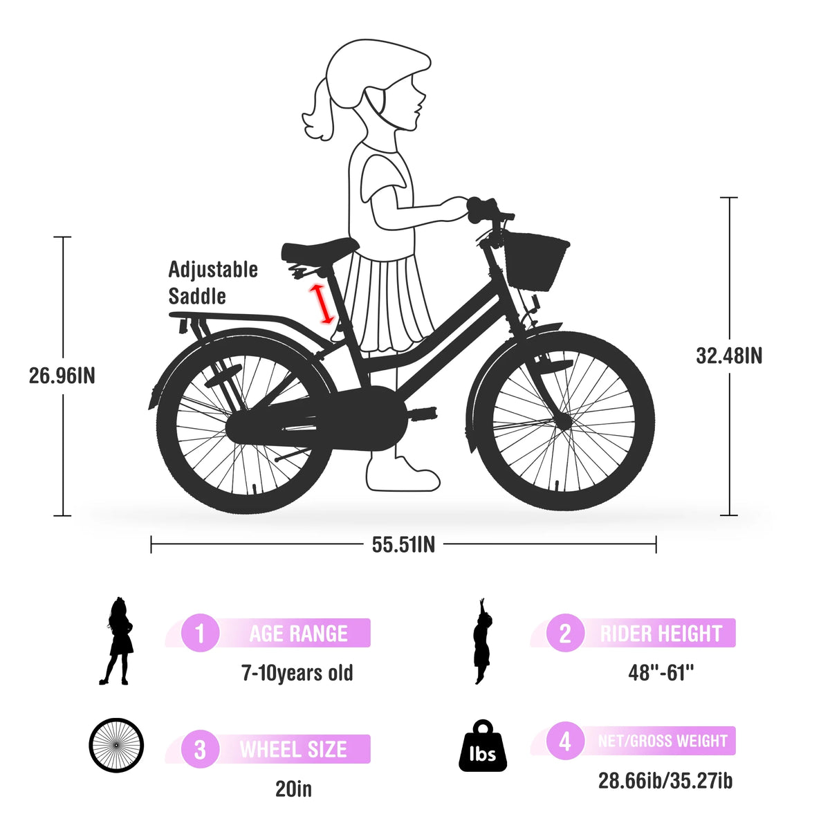 20" Kids Bike Girls Bike with Basket Single Speed Steel Frame Children Bicycle for 7 - 10 Years, Pink - Product image 13